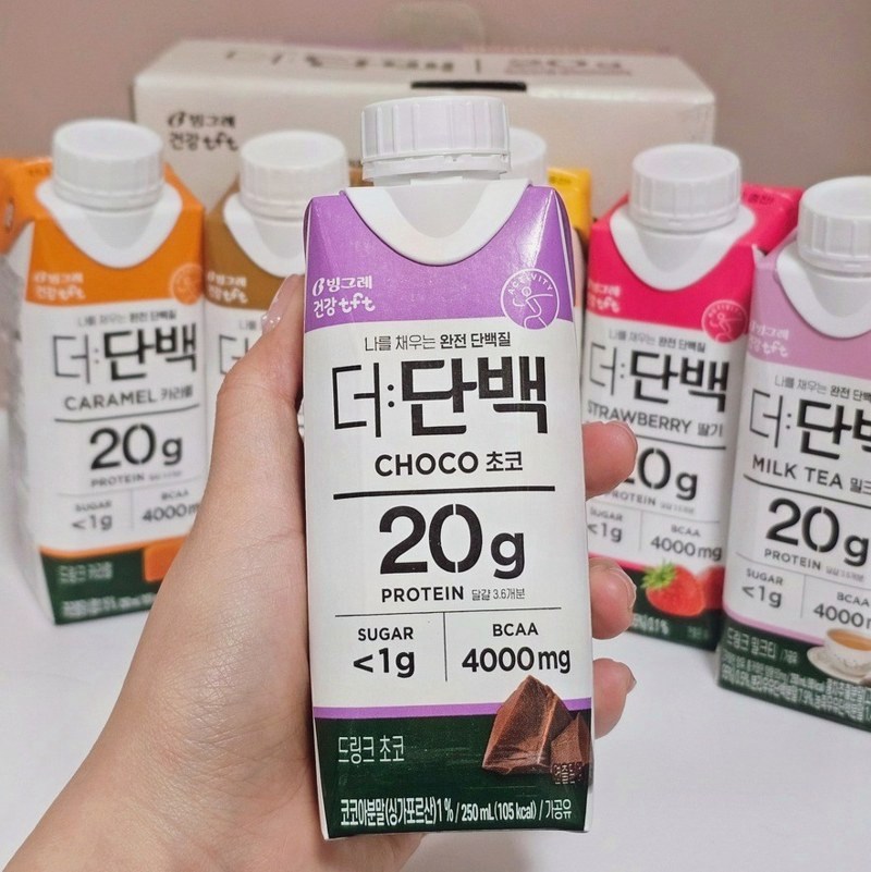 손에 쥔 더단백 초코맛 250ml 팩과 뒤에 놓인 다른 맛 팩들