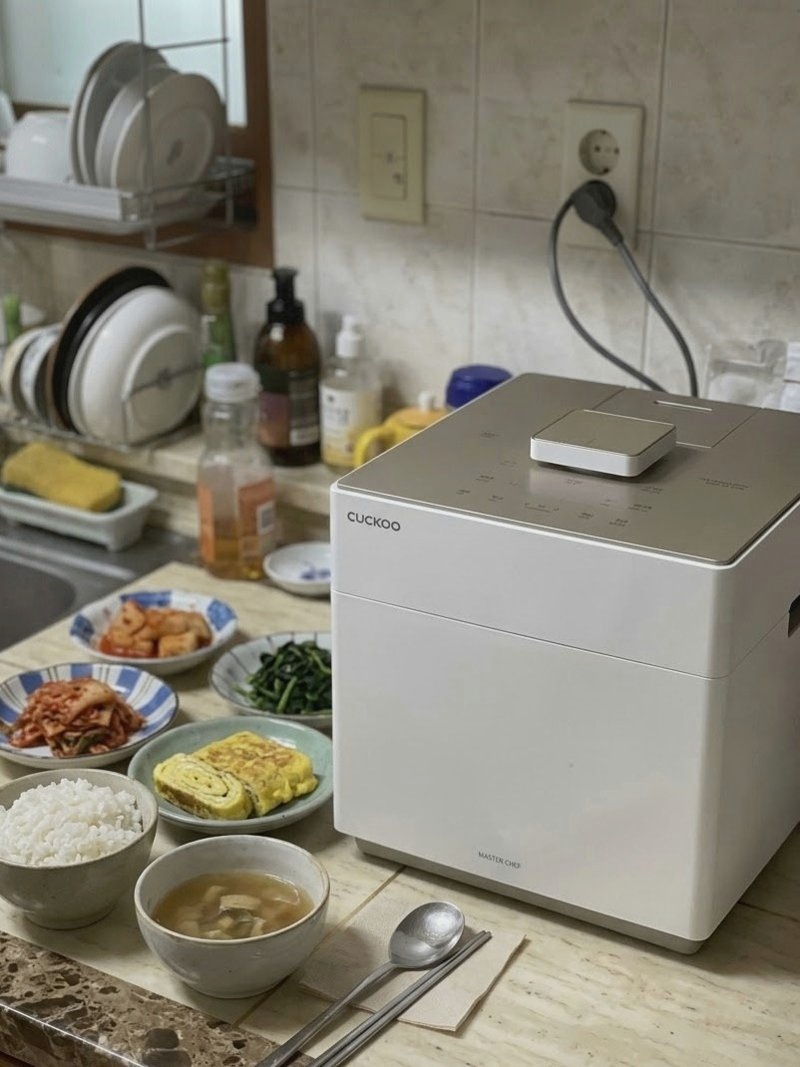밥 한 공기와 국, 반찬 몇 접시 옆에 놓인 사각 밥솥