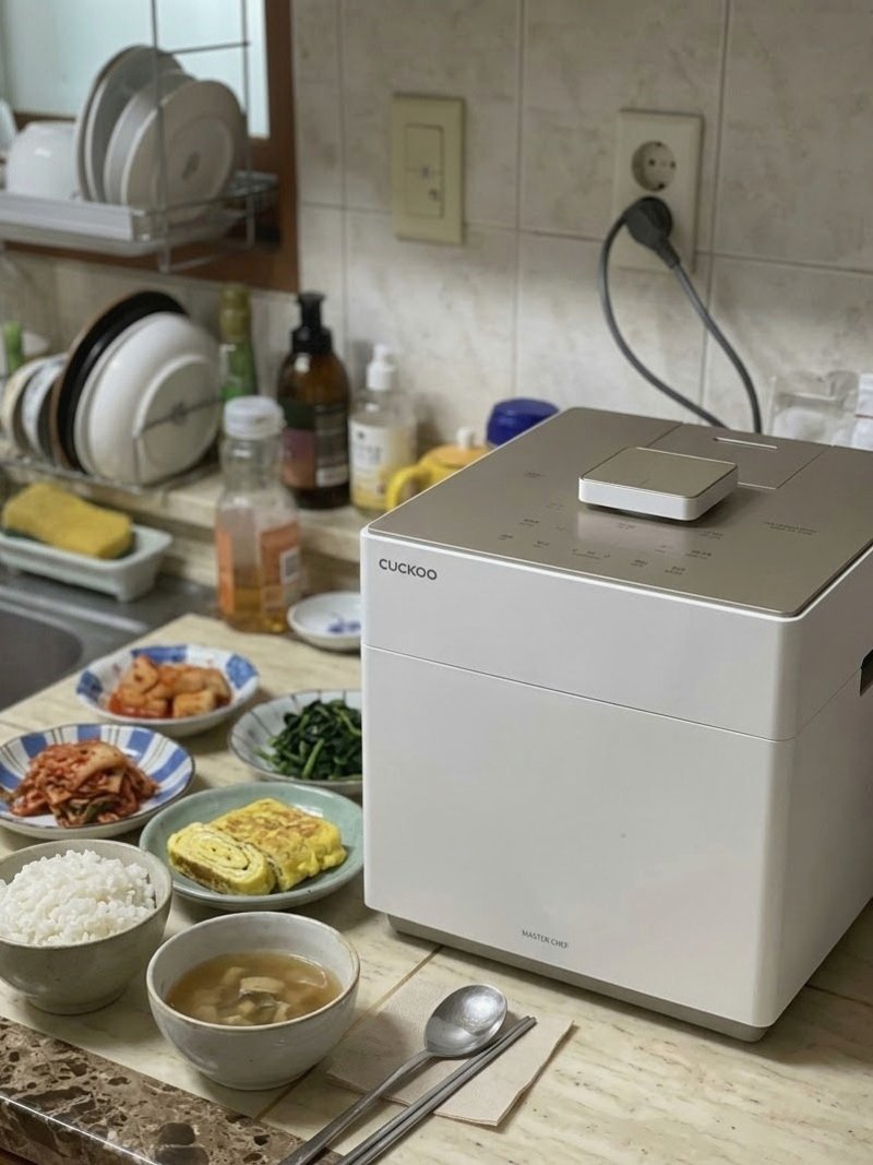 반찬이 차려진 주방 조리대 한쪽의 밥솥