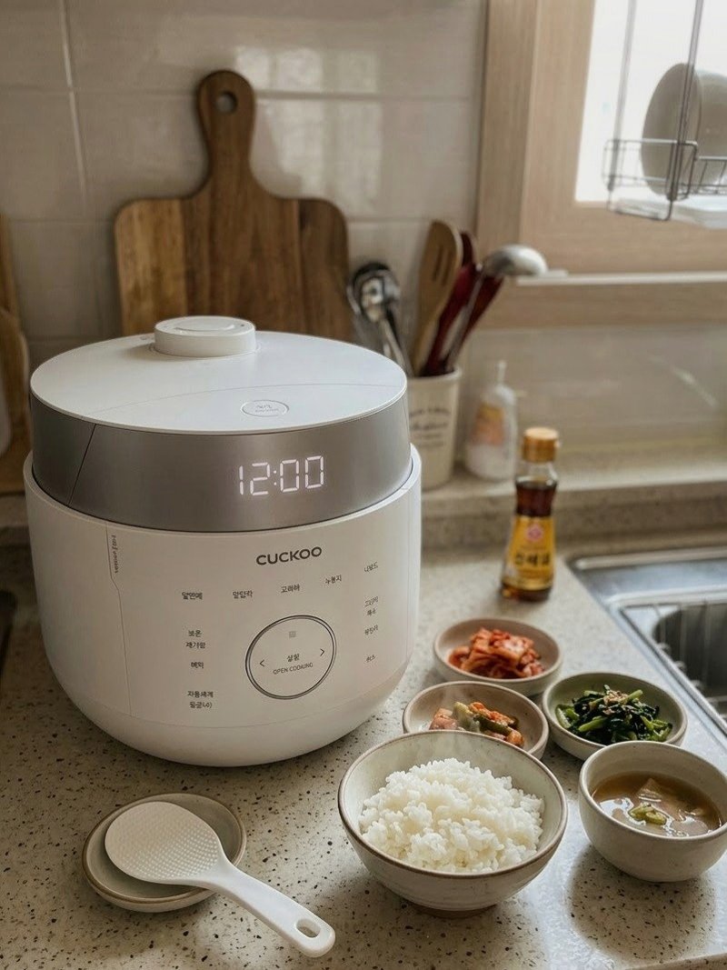 반찬과 밥이 차려진 조리대 옆에 놓인 밥솥