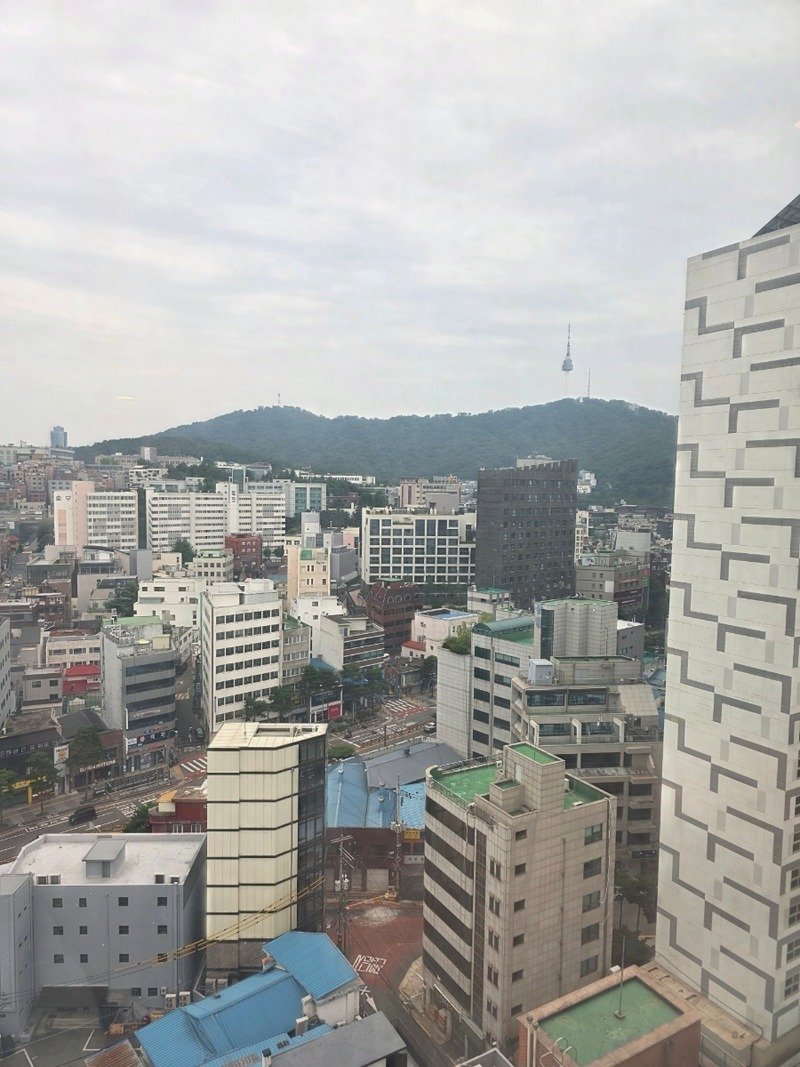 고층 객실 창밖으로 보이는 남산과 도심