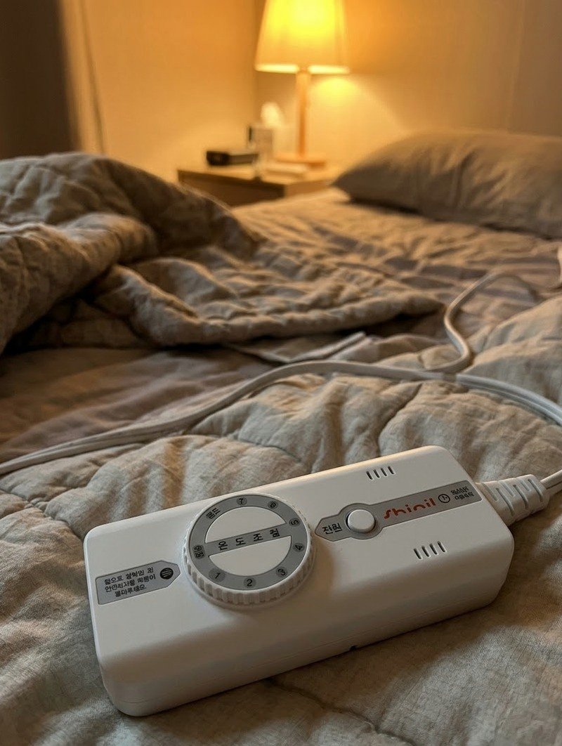베이지 바탕에 갈색, 초록, 파랑, 회색 막대 무늬가 흩어진 퀼팅 원단 위에 놓인 흰 조절기와 둥근 다이얼